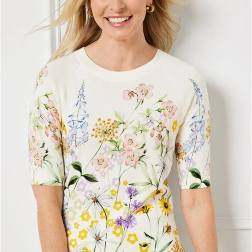Talbots Cream Floral Print Short Sleeve Knit Sweater Large Spring Wild Flowers